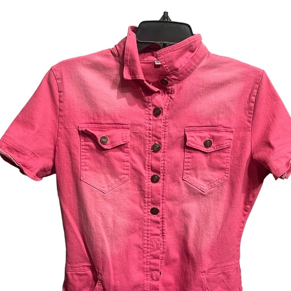 Fashion Women's Distressed and Cutout Pink Denim Jumpsuit Romper - Picture 4 of 9